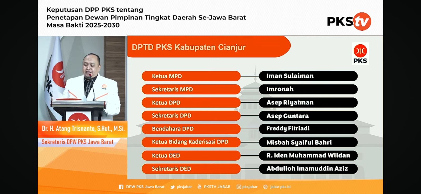 DPTD PKS Cianjur 2025-2030 Resmi Ditetapkan, Ini Nama dan Jabatannya 
