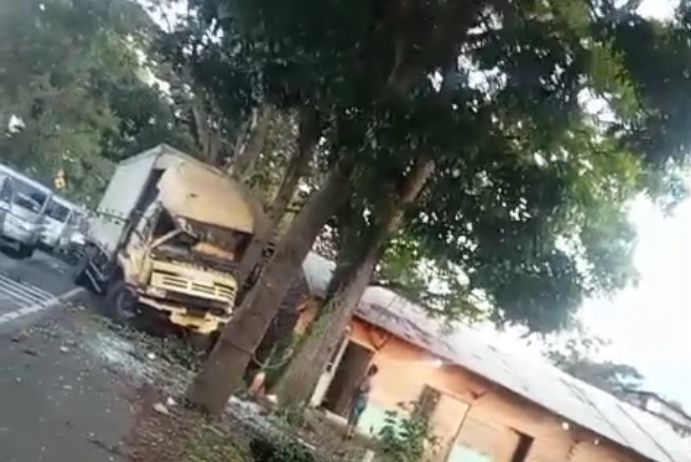 Truk Box Tabrak Pohon di Jalan Raya Sukabumi Cianjur