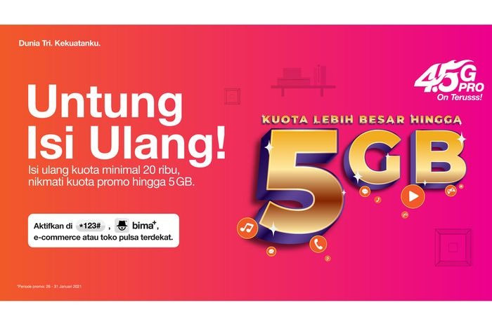 3 Indonesia Beri Tambahan Kuota hingga 5GB Setiap Isi Ulang Kuota