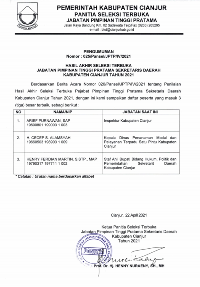 Ini Tiga Nama Hasil Akhir Seleksi Calon Sekda Cianjur